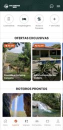 Tela inicial com ofertas e roteiros do Viajantes App